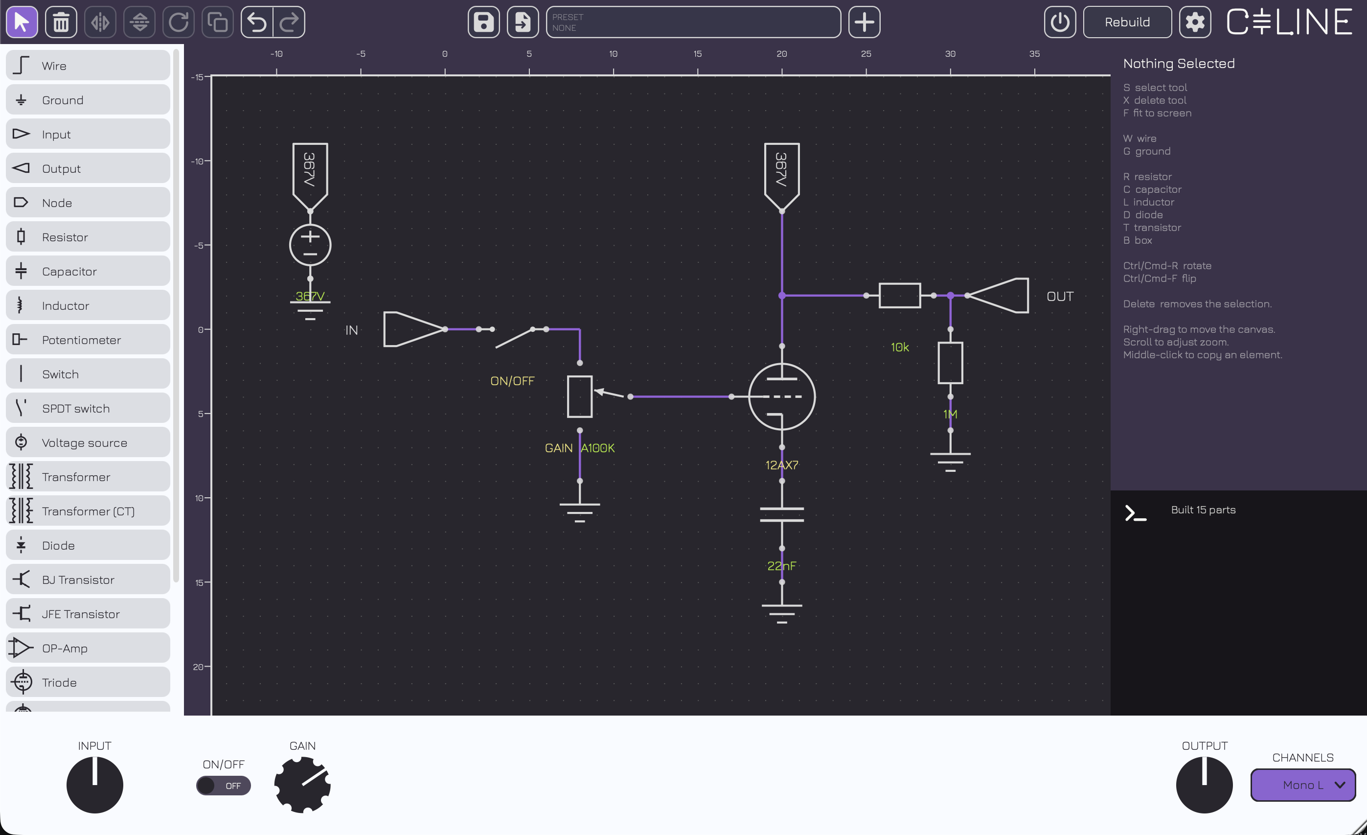 The Céline plugin window: parts palette on the left, a triode stage drawn on the schematic sheet, inspector and console on the right, and the control strip along the bottom.